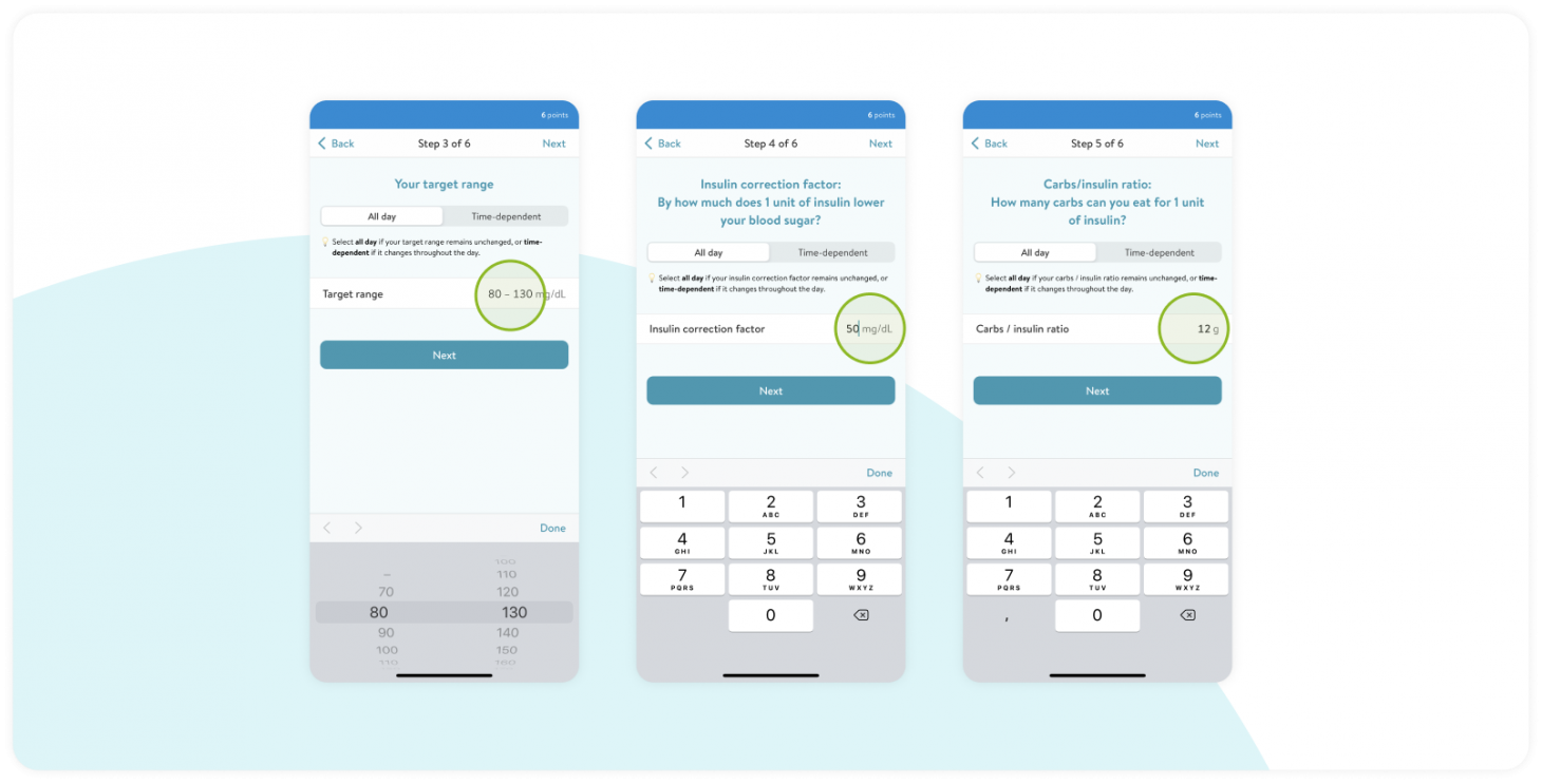 Steps of the mySugr Bolus Calculator setup