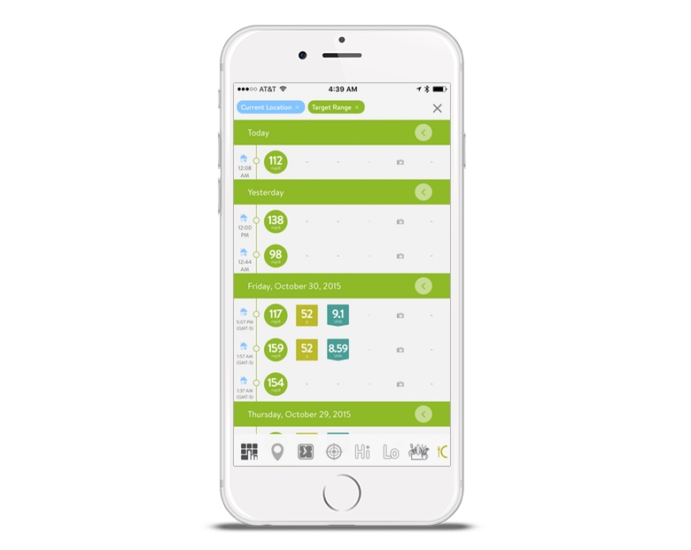 mySugr Logbook screen with search feature showing all in-target BG's logged at the current location