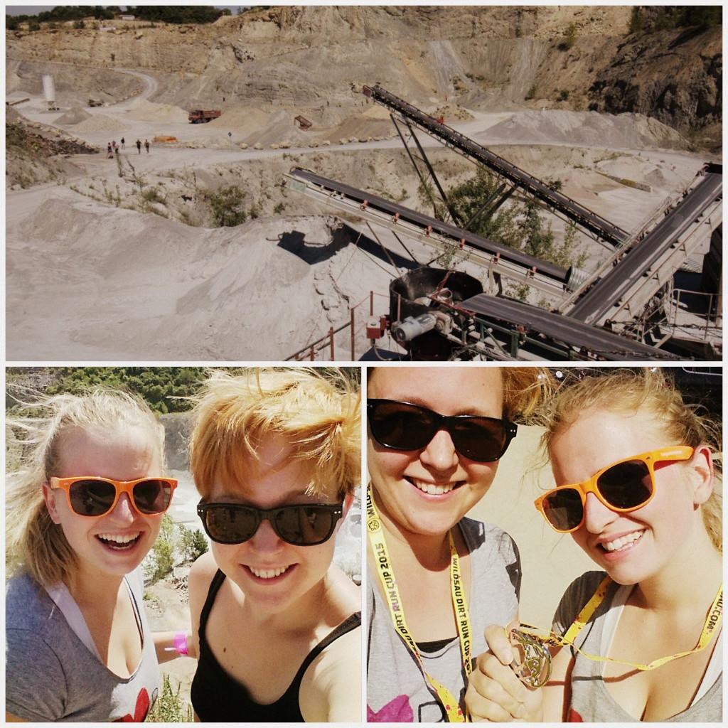 A collage of a cement quarry and before and after mud run selfies