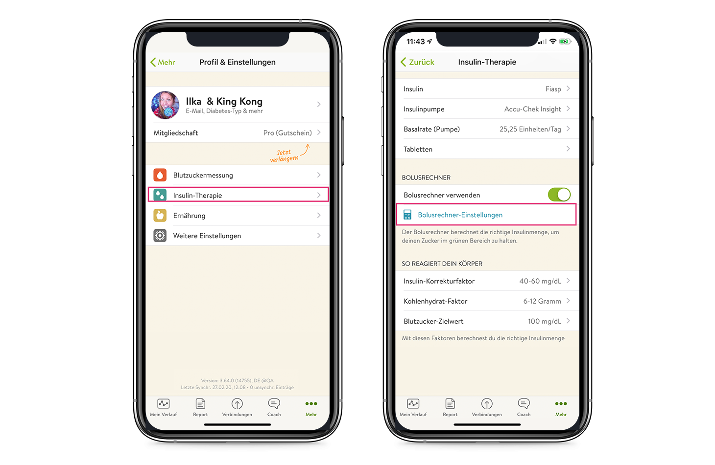 mySugr app Bolusrechner Menü