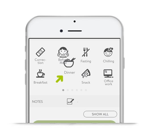 mySugr Logbook screen with tags being reordered